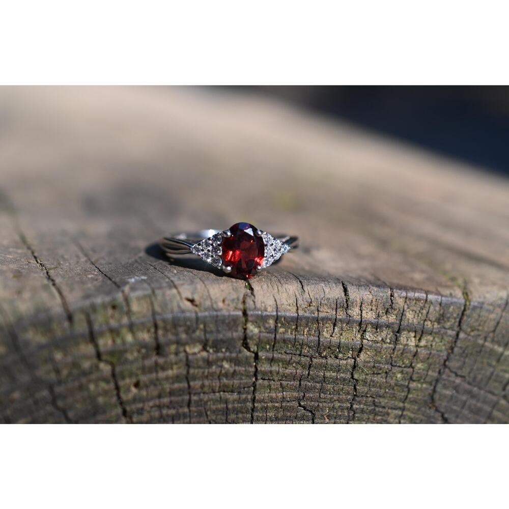Garnet and white topaz engagement ring size 8 in 925 sterling silver